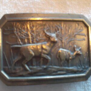 Vintage deer belt buckle. Solid brass. Great American Buckle Co Chicago. Copyrig